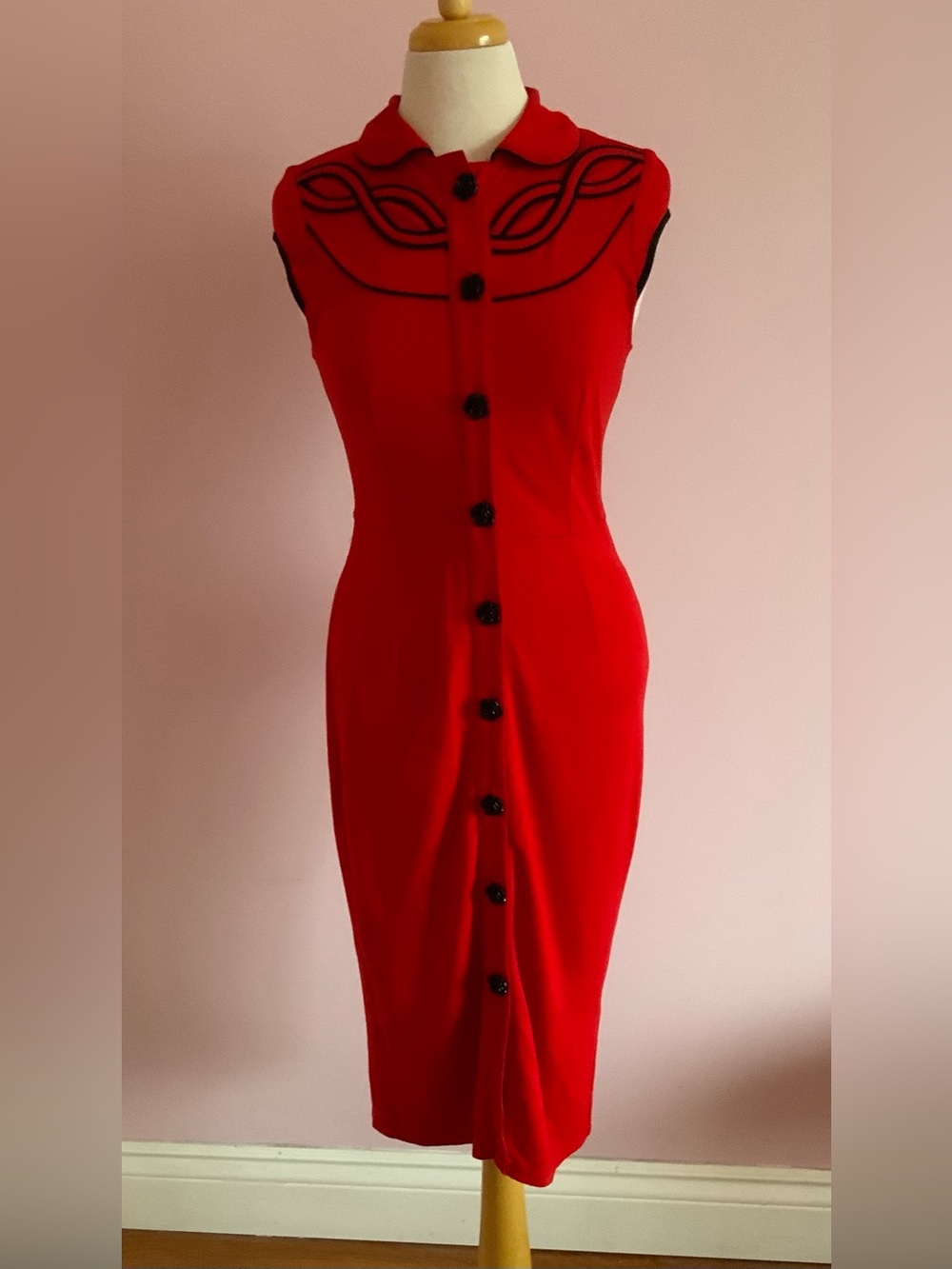 Voodoo Vixen Red Button-Front Dress with Black Trim
